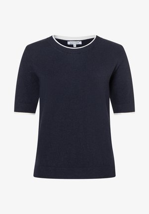 Pull à manches courtes bleu marine avec un col rond, orné d'un liseré blanc au niveau du col et des manches, fabriqué en maille douce.