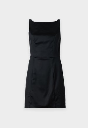 Black sleeveless dress made of smooth fabric, featuring a square neckline, fitted bodice, and flared skirt with clean lines.