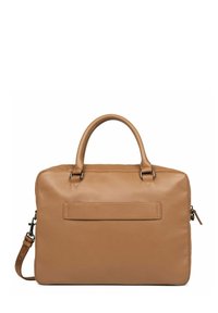 Tan leather handbag with dual top handles, detachable shoulder strap, rectangular shape, smooth texture, and a front patch pocket.