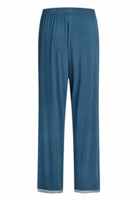 Blauwe pyjamabroek van zacht materiaal, met een elastische tailleband en kantafwerking aan de onderzoom. Rechtafstaande pijpen.