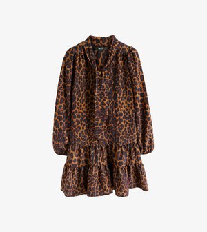 Langærmet kjole med leopardprint, flæsekant og bindbar krave i brune og sorte nuancer, mærket NEXT.