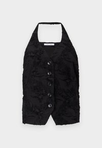 Schwarze Weste aus strukturiertem Stoff mit erhabenen Mustern, V-Ausschnitt und sechs Knöpfen vorne. Halfter-Ausschnitt, ärmellos, kurze Design.