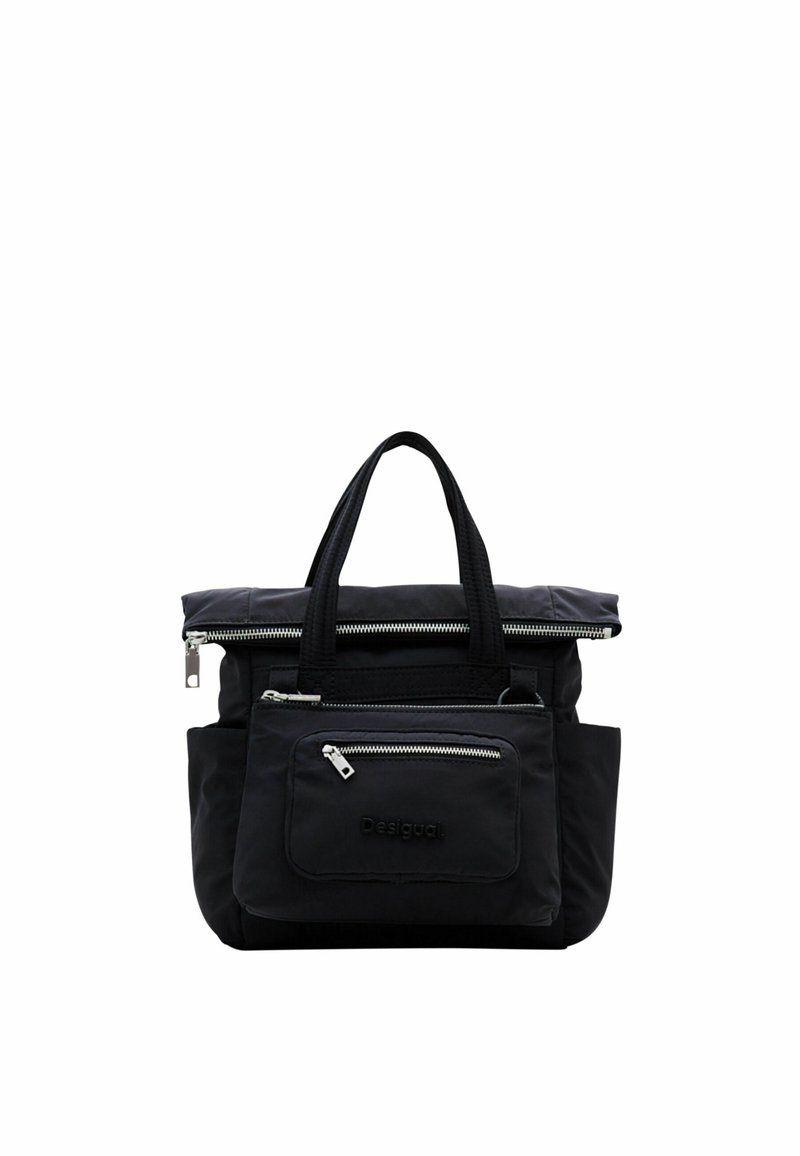Black nylon tote bag with zippered closure, dual handles, and front zip pocket. Features a textured surface and embossed brand logo.