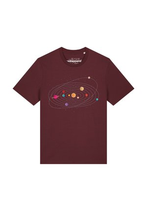 Maroon short-sleeve t-shirt with a colorful solar system design showing planets orbiting a yellow sun in the center.