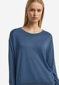 Blå tröja med rund halsringning, långa ärmar och en avslappnad passform. Tyget verkar mjukt med en slät yta.