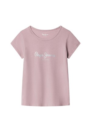 T-shirt rose à manches courtes avec un col arrondi et un texte en paillettes argentées "Pepe Jeans London" imprimé sur le devant. En matière de coton.