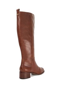 Brown leather knee-high boot with a rounded toe and a block heel. Features a smooth texture and minimal stitching along the side.