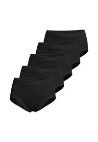 Mutande in cotone nero, confezione da cinque. Ogni pezzo presenta un morbido elastico in vita e un taglio standard senza dettagli.