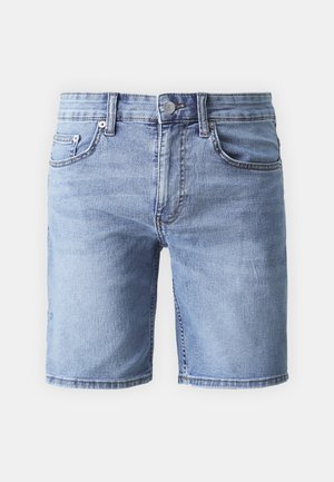 Shorts in denim blu chiaro con taglio classico, dotati di cinque tasche, zip frontale e una texture leggermente consumata. Tessuto resistente, vita standard.