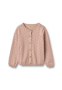 Hellrosa gestrickte Strickjacke mit Rundhalsausschnitt, Knopfverschluss und kleinen Blumenmustern überall. Mit gerippten Bündchen und Saum.