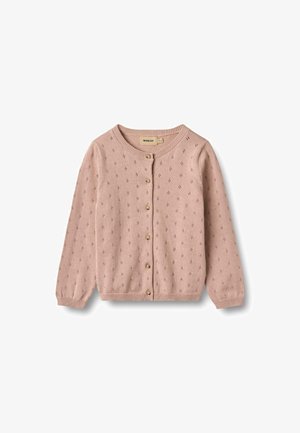 Cárdigan de punto en rosa claro con cuello redondo, cierre de botones y pequeños patrones florales por toda la prenda. Presenta puños y bajo acanalados.