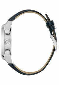Orologio in acciaio inossidabile con cassa rotonda, cinturino in pelle blu scuro, hardware argentato e dettagli testurizzati sul cinturino e sulla corona.