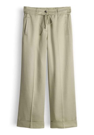 Beige wijde pantalon met elastische tailleband, knoop aan de voorkant, trekkoord, zakken met zijsplit en omgeslagen zomen.