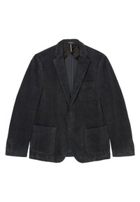 Blazer in velluto a coste grigio scuro con revers, due tasche frontali e chiusura con bottone. Tessuto testurizzato con sottili righe verticali.