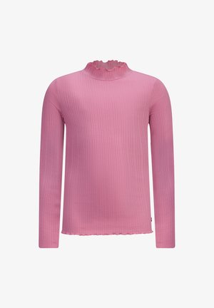 Langärmliges, geripptes Oberteil in Hellrosa mit einem gerafften Stehkragen und einem Wellenrand. Hergestellt aus einem weichen, dehnbaren Stoff.