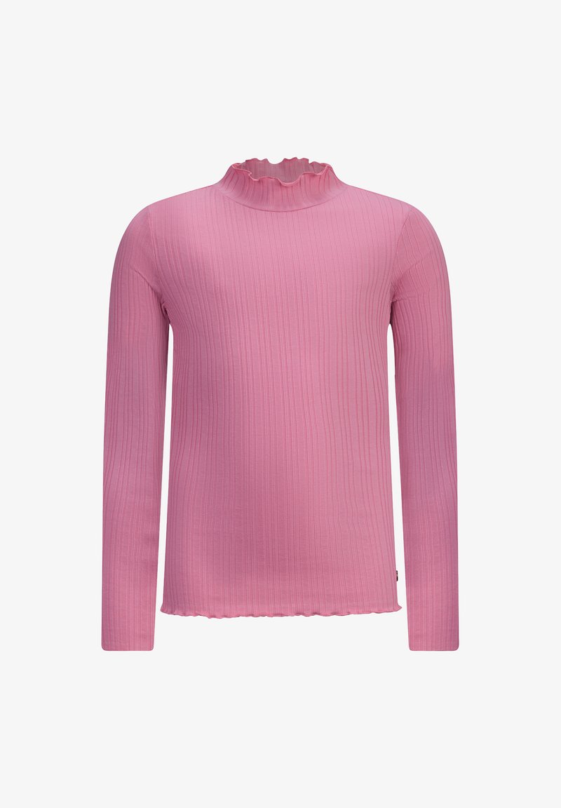 Langärmliges, geripptes Oberteil in Hellrosa mit einem gerafften Stehkragen und einem Wellenrand. Hergestellt aus einem weichen, dehnbaren Stoff.