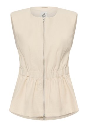 Varrukateta beež top esiluku ja kogutud elastse vöökohaga, ümar kaelus, valmistatud kerge kangaga.