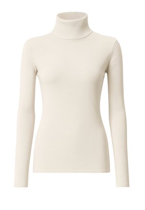 Maglione a collo alto color crema realizzato in tessuto morbido ed elastico. Presenta maniche lunghe e un design aderente con un aspetto minimalista.