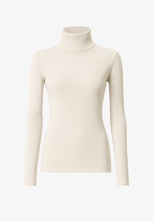 Maglione a collo alto color crema realizzato in tessuto morbido ed elastico. Presenta maniche lunghe e un design aderente con un aspetto minimalista.