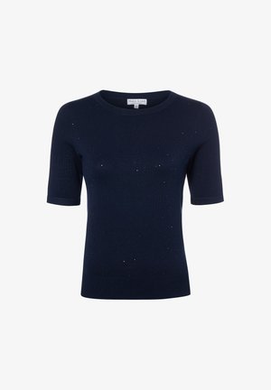 Pull en tricot bleu marine à manches courtes avec un motif texturé de petits points. Dispose d'un col rond et d'un ourlet côtelé pour plus de détail.