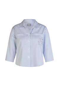 Hellblau-weißer Streifen-T-Shirt mit kurzen Ärmeln, Knopfverschluss, zwei Taschen und einem dezenten gestickten Detail auf der linken Seite.