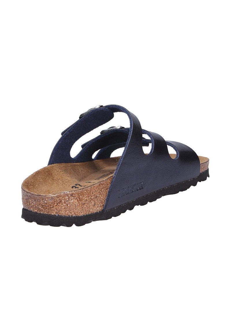 Navyblaue Ledersandale mit drei Ausschnitten, Korkfußbett und strukturiertem schwarzen Gummiaußensohle; leicht und offen im Design.