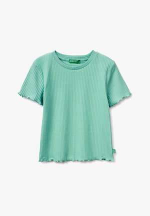 Maglietta a maniche corte in maglia coste turchese-verde con bordi smerlati su maniche e orlo, scollo rotondo e piccola etichetta del marchio all'interno del colletto.