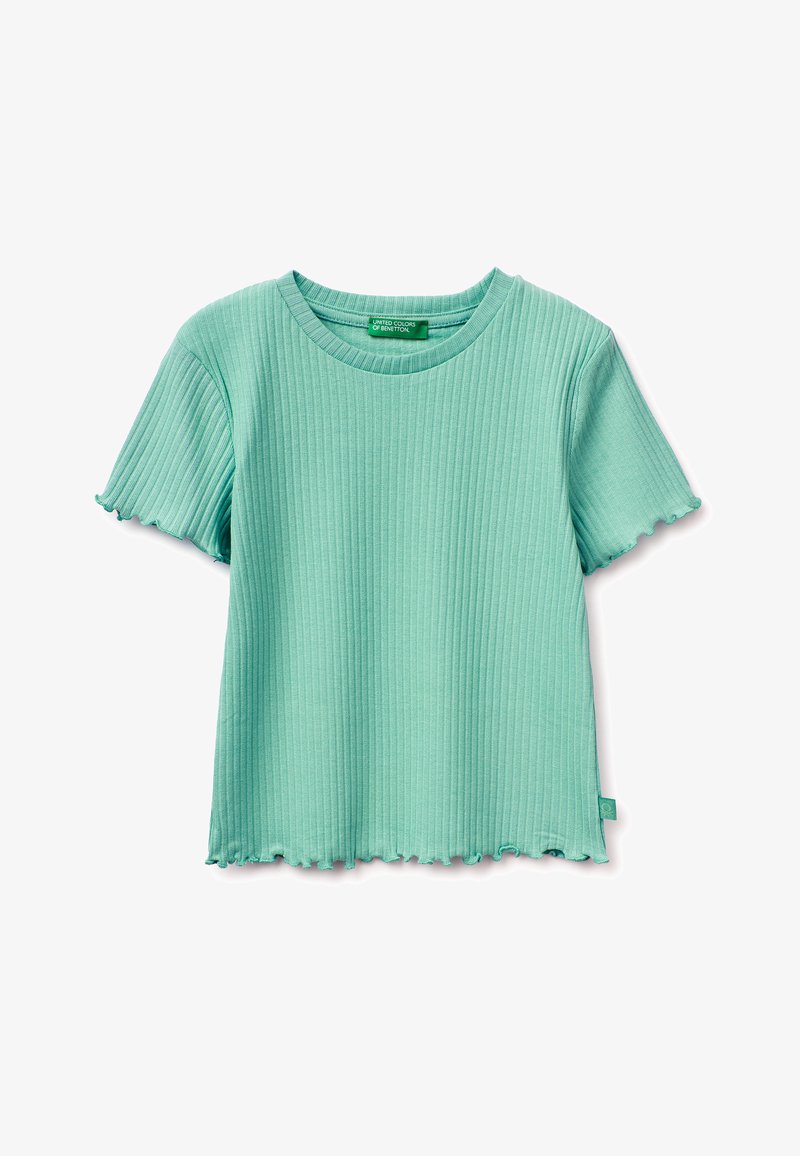 Kurzärmliges, geripptes, türkis-grünes Stricktop mit wellenförmigen Saumabschlüssen an Ärmeln und Saum, rundem Ausschnitt und kleinem Markenlabel im Inneren des Kragens.