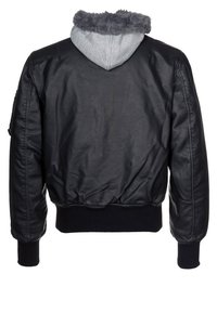 Veste aviateur en cuir noir avec une capuche doublée de fourrure grise, poignets et taille côtelés ; présente une texture lisse et un design classique.