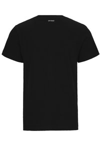 T-shirt in cotone nero con maniche corte e collo rotondo. Presenta un'etichetta bianca "SPITZBUB" sulla parte superiore della schiena. Design semplice, senza motivi.