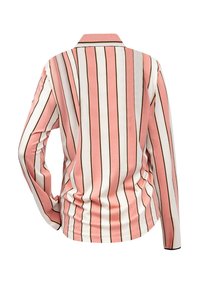Koszula z długim rękawem, wykonana z miękkiego materiału, w różowo-białe pionowe paski z czarnymi akcentami, z klasycznym kołnierzykiem.