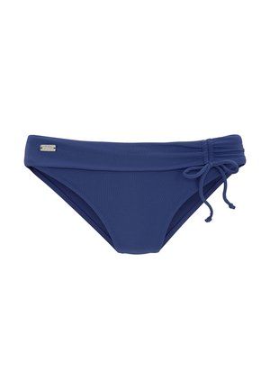 Costumi da bagno blu navy con un tessuto liscio, vita arricciata e dettagli di cravatta regolabili sui lati. Etichetta del marchio color argento attaccata.