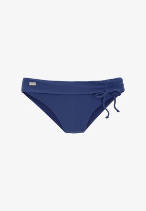 Tamne plave badi gaće s glatkom tkaninom, naboranim pojasom i podesivim vezicama sa strane. Srebrna oznaka brenda priložena.