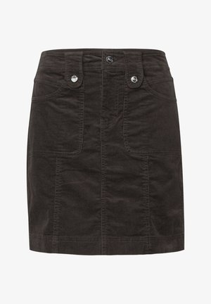 Schwarzer Kordrock im Mini-Stil mit Fronttaschen, Gürtelschlaufen und silbernen Knopfdetails am Bund.