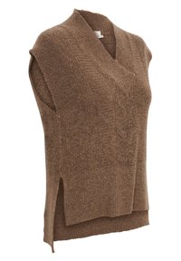 Bruin gebreid mouwloos sweatervest met V-hals en zijopeningen, met een geribbeld en getextureerd patroon.