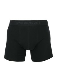 Black men's boxer briefs with a branded elastic waistband saying "Swedemount" and stitched front panel detailing.