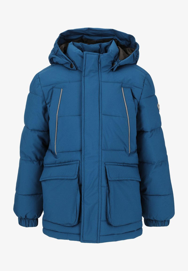 Blauer Puffermantel mit Kapuze, ausgestattet mit zwei Fronttaschen, elastischen Bündchen und dezenten grauen Akzentlinien auf den Brusttaschen.
