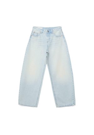 Light blue wide-leg denim jeans with front button and zip closure, front and back pockets, and high waist design.