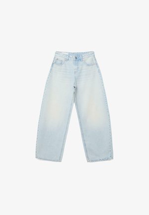 Light blue wide-leg denim jeans with front button and zip closure, front and back pockets, and high waist design.
