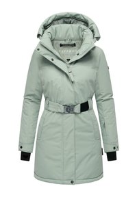 Parka isolée vert clair avec une capuche amovible, une taille ceinturée, un devant zippé et deux poches latérales. Tissu lisse et résistant à l'eau.