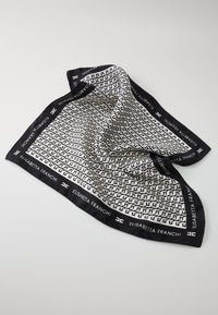 Silk scarf featuring a black and white geometric pattern, bordered with a solid black edge labeled with "Elisabetta Franchi" text.