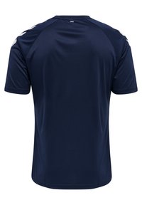 T-shirt de sport bleu marine, à manches courtes, texture lisse, avec des accents gris clair sur les épaules, col rond, design slim.
