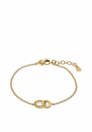 Zarter goldener Kettenarmband mit zwei ineinandergreifenden Ringen, einer mit kleinen Kristallen besetzt, und einem Karabinerverschluss mit verstellbaren Gliedern.