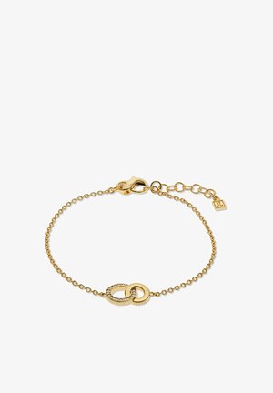 Bracelet délicat en chaîne d'or avec deux anneaux entrelacés, dont un incrusté de petits cristaux, et un fermoir mousqueton avec des maillons réglables.