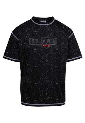Black short-sleeve t-shirt with a textured pattern, contrasting white stitching, and a bold "GORILLA WEAR" logo on the front.