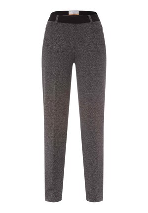 Schwarze und graue gemusterte Hosen mit glatter Textur, ausgestattet mit einem dehnbaren Bund und einem taillierten Bein Design. Zwei sichtbare Fronttaschen.