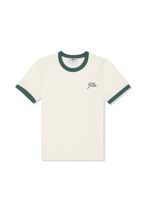Biały t-shirt Fila z krótkim rękawem, z ciemnozielonym wykończeniem na kołnierzu i krawędziach rękawów oraz małym logo Fila na lewej piersi.