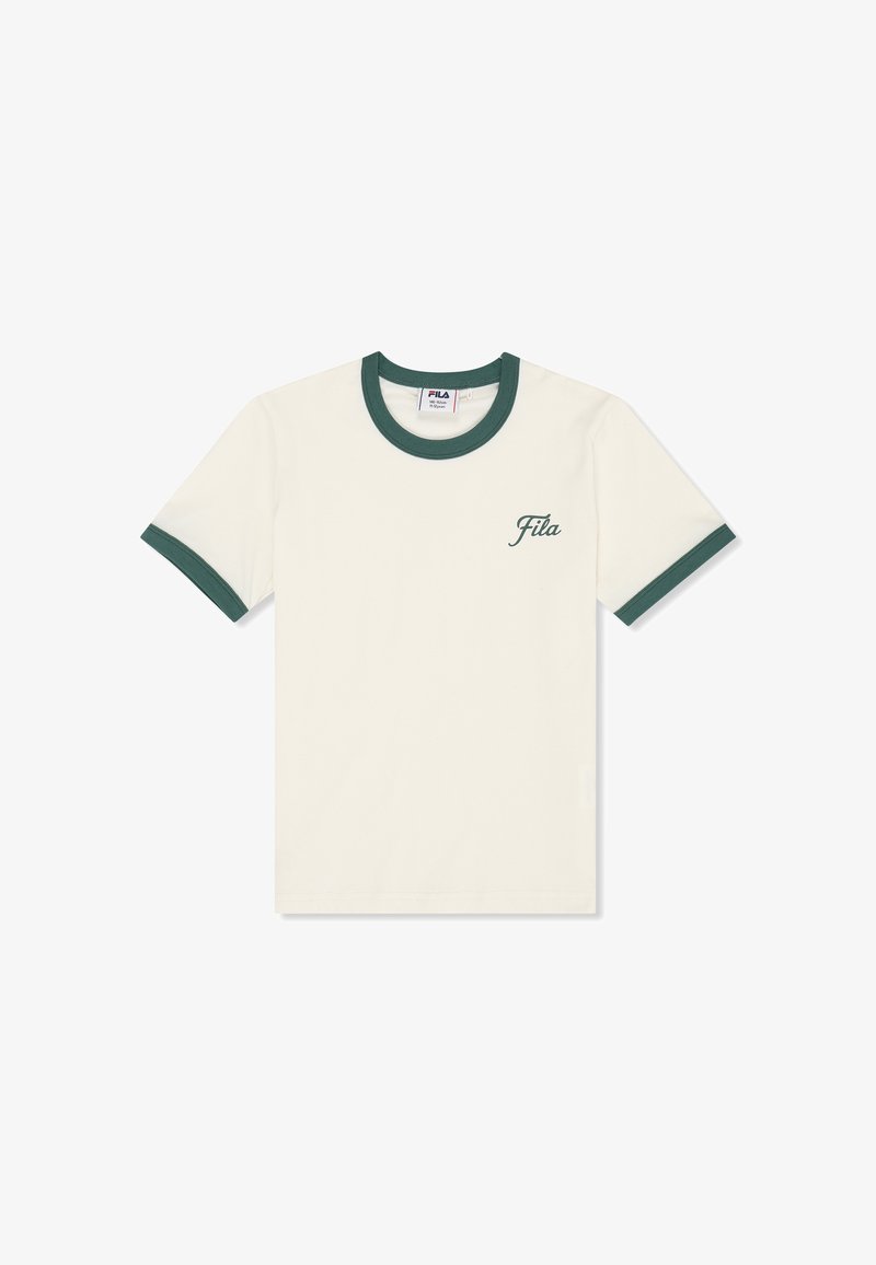 Weißes Fila-T-Shirt mit kurzen Ärmeln, dunkelgrünem Besatz an Kragen und Ärmelsäumen sowie kleinem Fila-Logo auf der linken Brust.