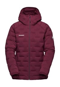 Bordowa kurtka puchowa z kapturem, pikowanym wzorem, zamkiem błyskawicznym z przodu i logo marki na piersi. Gładka struktura i elastyczne mankiety.
