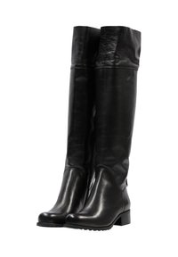Schwarze Lederstiefel bis zum Knie mit glatter Oberfläche, leichtem Absatz und runder Zehenform. Mit einem seitlichen Reißverschluss und dezenter Steppnaht.
